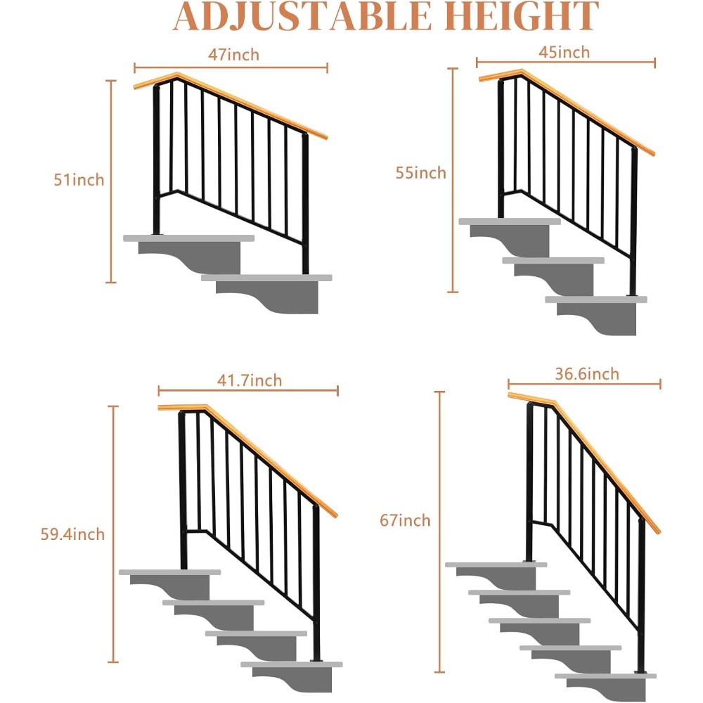 2 Pack 4 Step Handrails for Outdoor Steps, Wrought Iron Stair Railing, Metal Hand Railing with Installation Kit, Staircase Woode