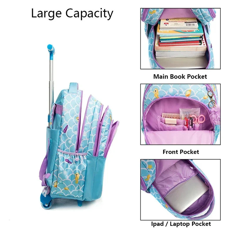 Conjunto de mochila infantil com rodas, mochila escolar com bolsa de almoço isolada e estojo de lápis para meninos e meninas