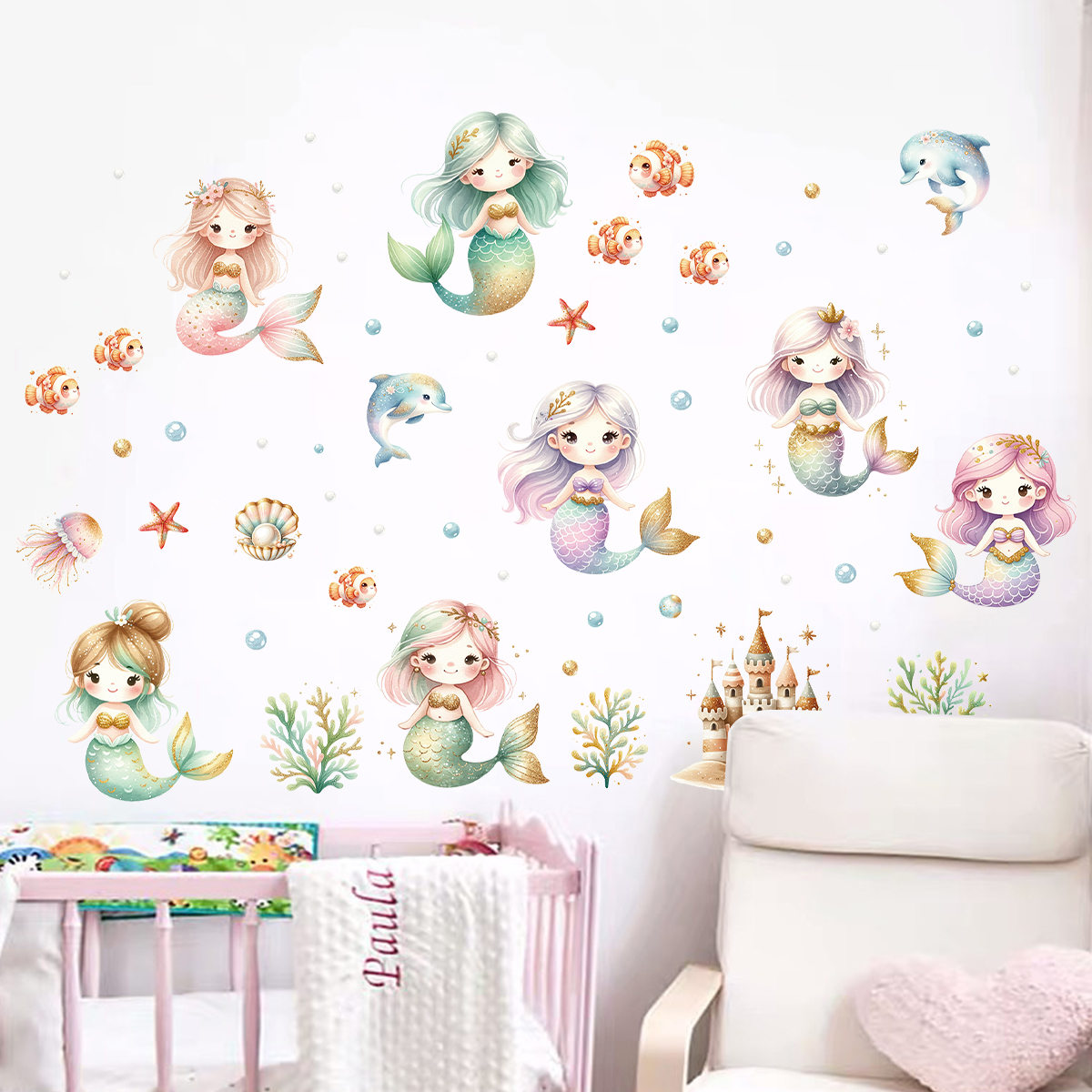 Stickers muraux de dessin animé méduse sirène pour enfants, décor de chambre, arrière-plan, filles, salon, décoration de la maison, décalcomanie, lueur