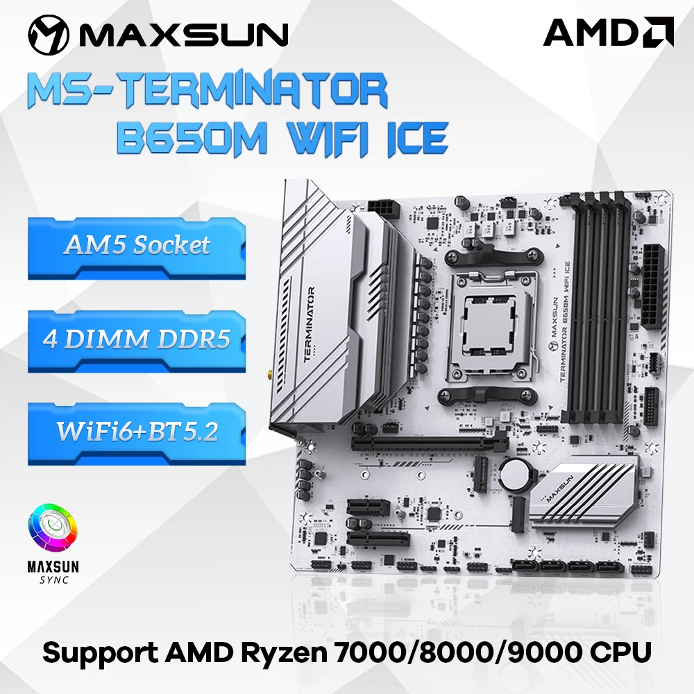 MAXSUN Terminator B650M WIFI ICE AM5 compatible con CPU serie Ryzen 7000/8000/9000 4 * ranuras de memoria DDR5 DIMM PCIe x16 5,0 M.2 SATA3.0