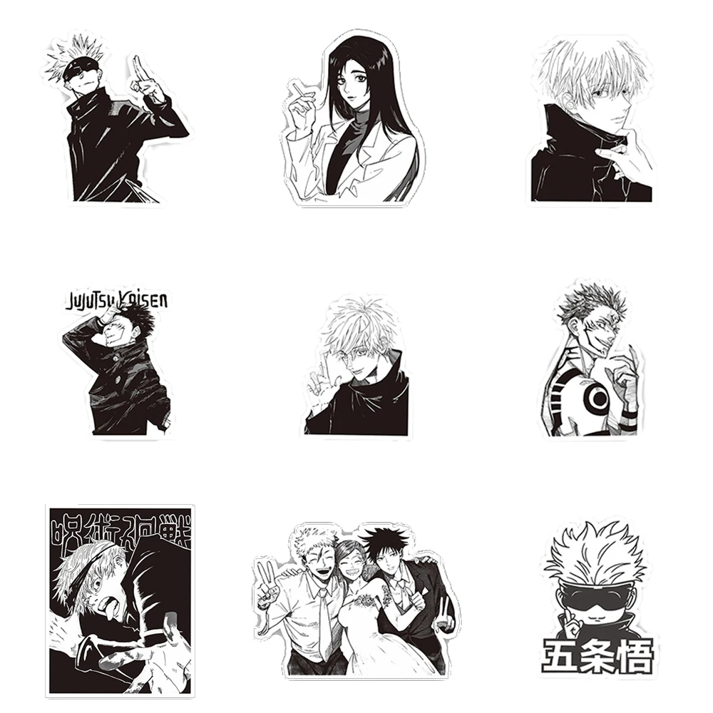 10/30/65pcs 블랙 화이트 Jujutsu Kaisen 애니메이션 스티커 DIY 컴퓨터 전화 케이스 일기 멋진 만화 비닐 장식 스티커 데칼