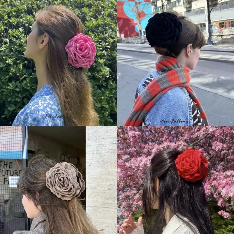 Grampo de cabelo tridimensional de alta qualidade com flor rosa estilo férias à beira-mar para mulheres