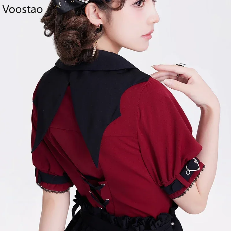 เสื้อเชิ้ตผู้หญิงสไตล์ฮาราจูกุสไตล์โกธิคโลลิต้าเสื้อผู้หญิงแขนยาวมีโบว์ลูกไม้กลวงออก Y2k สไตล์ญี่ปุ่นสวยงามเสื้อผ้าหรูหรา