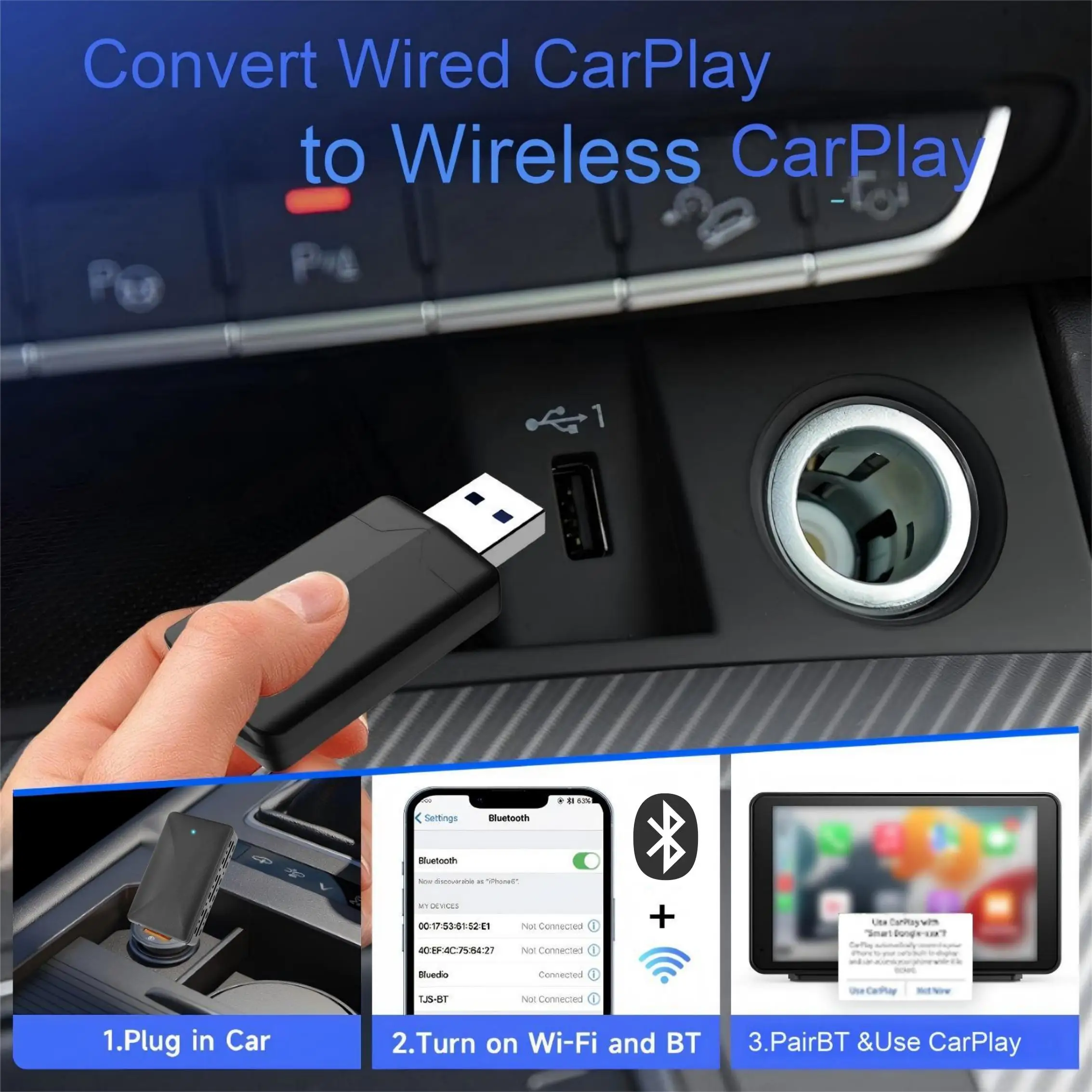 2-in-1 draadloze CarPlay & Android Auto-adapter, Plug & Play CarPlay converteert bedraad naar draadloos, snelle automatische verbinding, geen vertraging