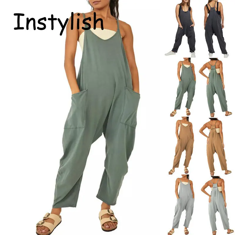 Frauen Casual Spaghetti Strap Ärmellose Overall Vintage Harajuku Breite Bein Lose Hosen Sommer Solide Oversize Overalls Strampler