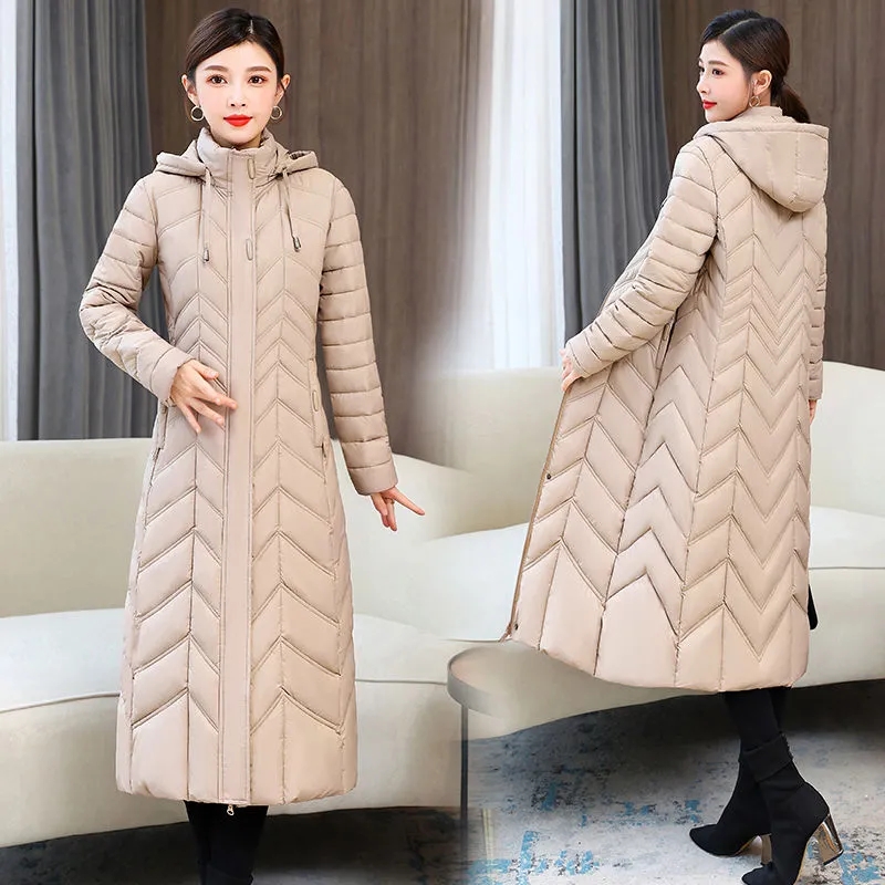 Chaqueta larga de algodón para mamá, abrigo ajustado con capucha a la moda para invierno, abrigo Parker cálido para mujer, chaquetas informales sólidas para mujer 2025
