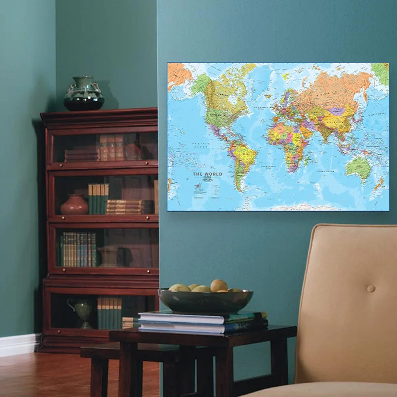 詳細付き世界地図ポスター,キャンバス絵画,壁アートポスター,家の装飾,オフィス,学用品,英語,75x50cm