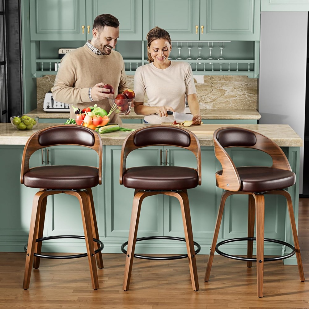 Bar Stools Set of 3, 26" Counter Height Barstools with Bentwood Legs, Swivel Counter Stools with Back, Mid Century Modern Faux L