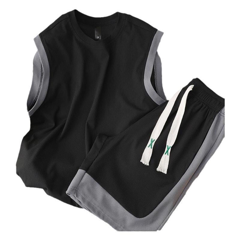 Traje de 2 uds., chaleco sin mangas de verano, conjunto de pantalones cortos deportivos, ropa deportiva informal de retales para baloncesto, conjunto de pantalones cortos de entrenamiento sueltos transpirables