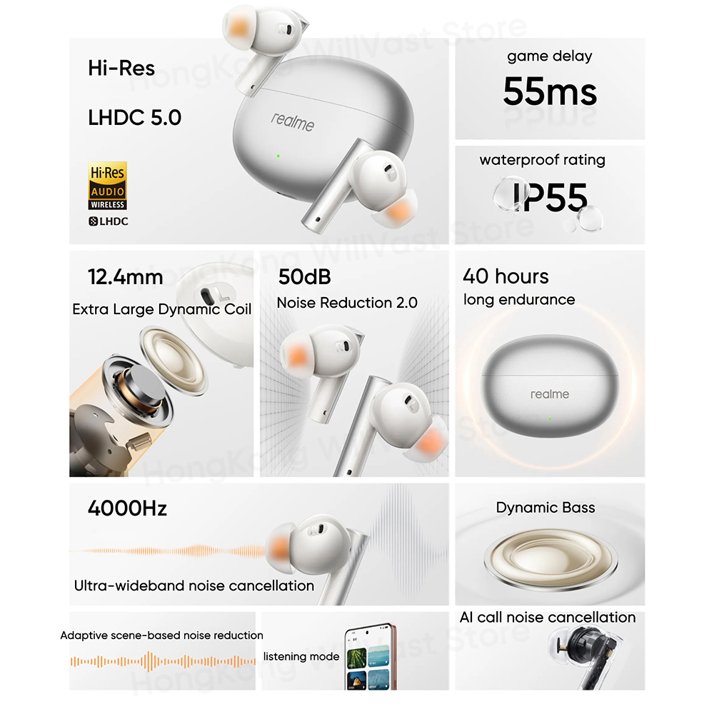 Realme-buds Air 6-Bluetooth 5.3ワイヤレスヘッドセット,グローバルバージョン,50dbアクティブノイズキャンセレーション,最大40時間のバッテリー寿命