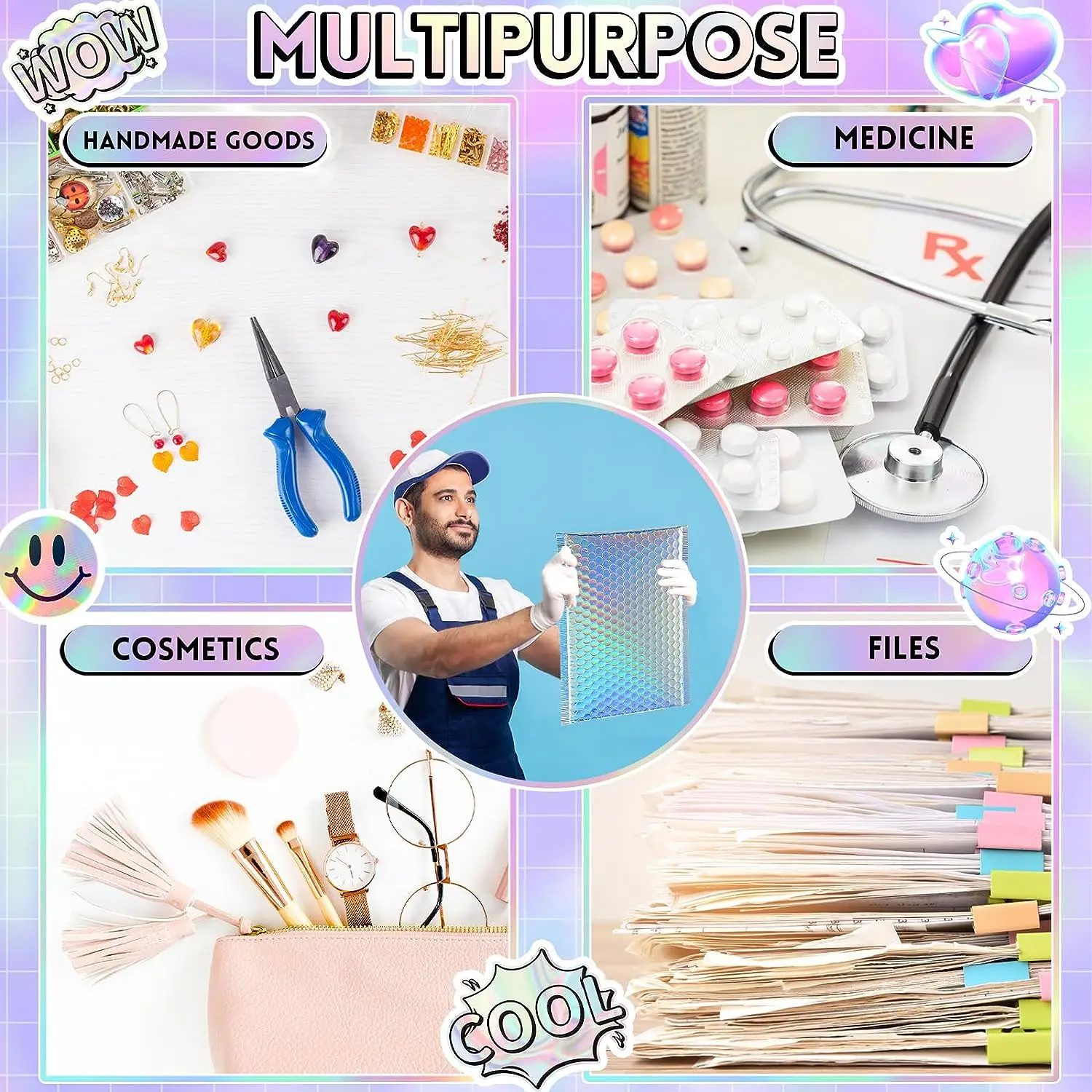 Laser Bubble Mailers Sacos para embalar Produtos, Kpop Suprimentos de Embalagem, Mailer Holográfica, Pacotes de Envio, Small Business, 100Pcs