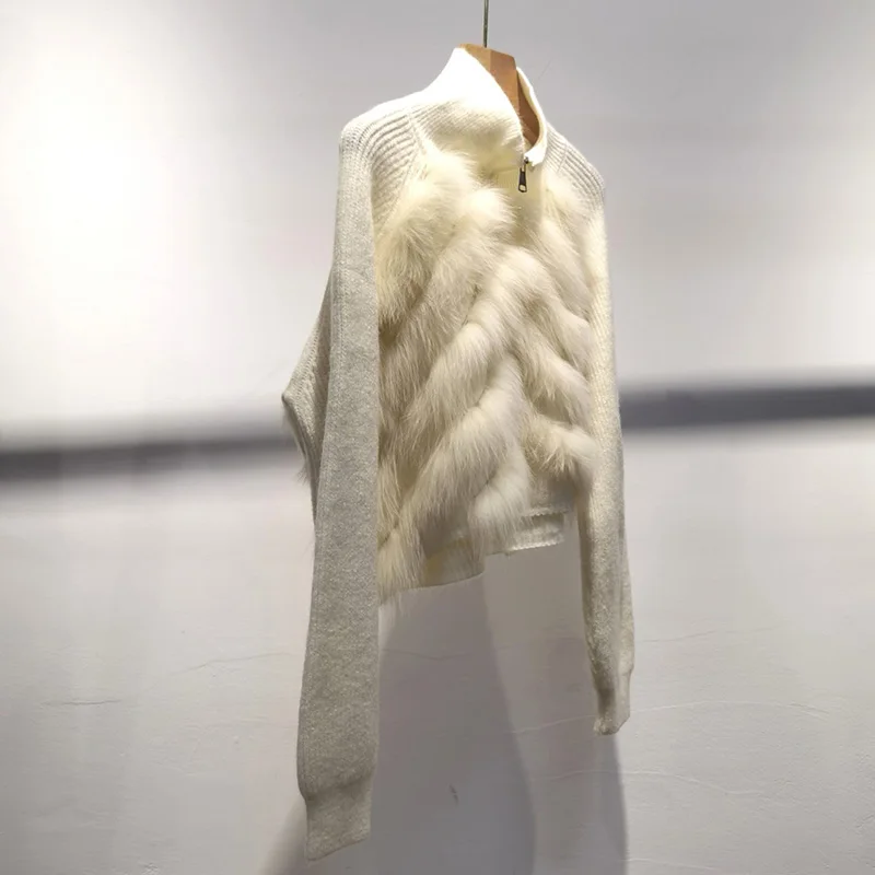Frauen Kurze Gestrickte Pullover Mit Echt Fox Pelz Langarm Echtes Pelz Trimmen Pullover Weibliche Jumper Mit Zipper