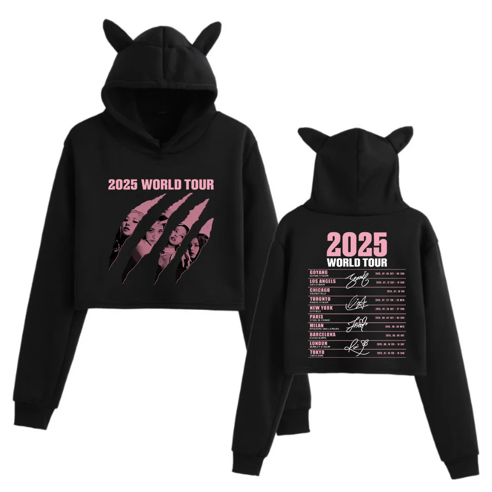 2025 Black World Tour Merch Cat Ears 2 caras de manga larga Crop Tops Niñas Moda Sudadera con capucha
