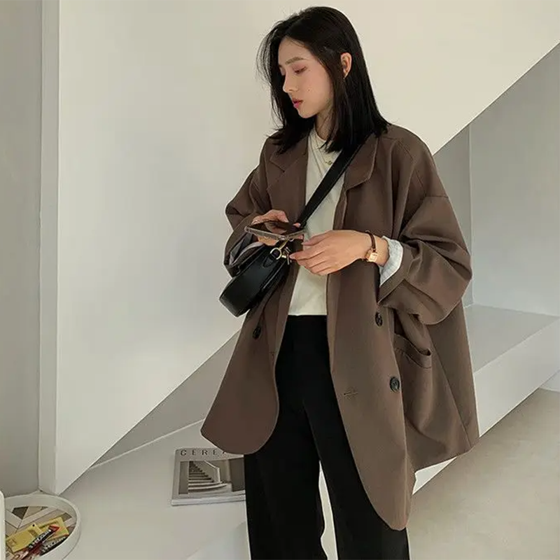 女性用長袖ブラックスーツ,特大ブレザー,韓国ルーズジャケット,ダブルブレストアウター,春コート,秋,ストリートウェア,2022