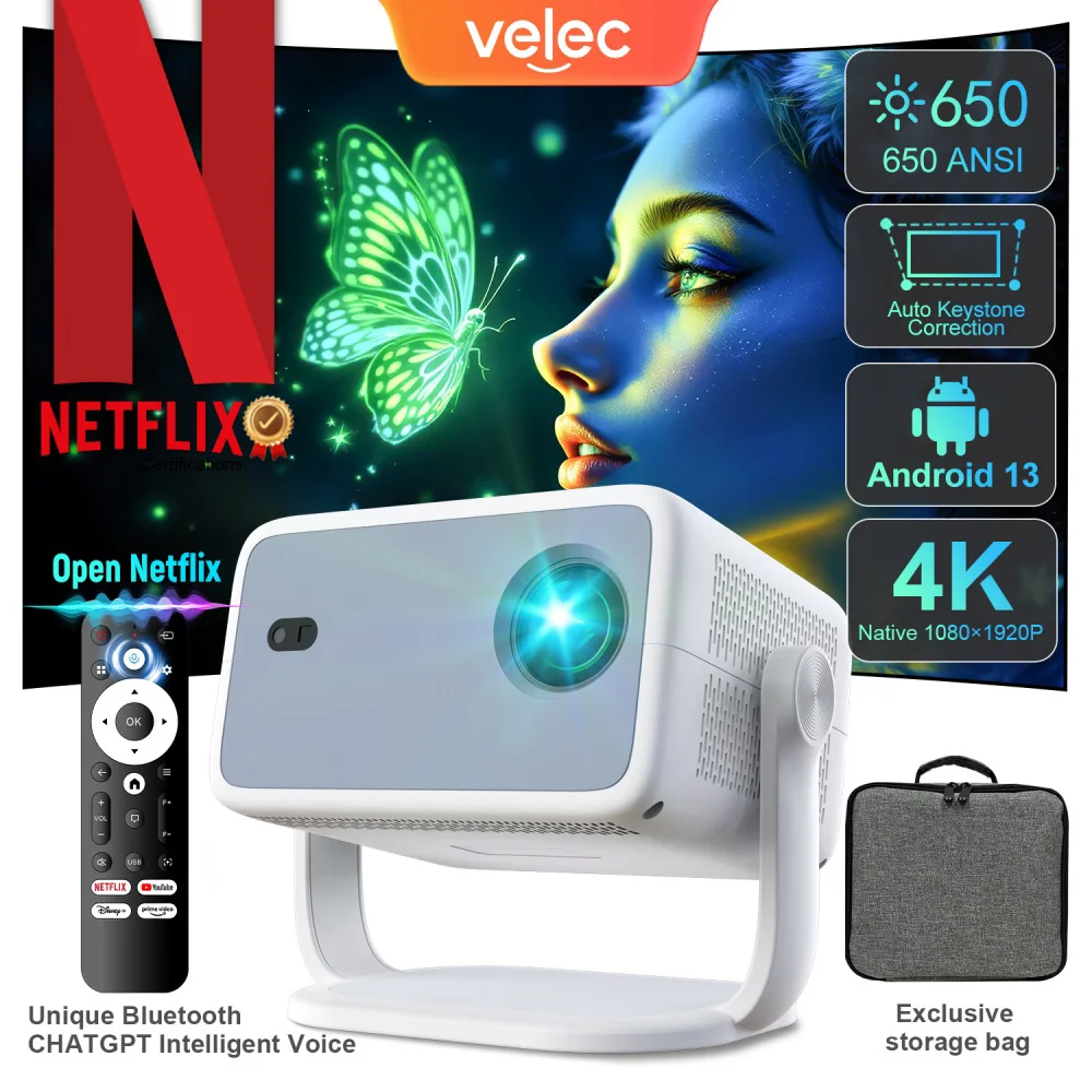 Proyector Velec Android 13 nativo 1080P 650ANSI Amlogic T950D4 Wifi6 BT5.2 certificación Netflix 4K proyector portátil para exteriores