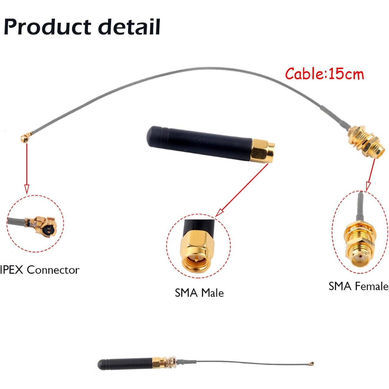 2 uds GSM 868Mhz 915MHz LoRa antena 3DBI con U.FL I-P-E-X-1 a conector SMA para placa Lora ESP32 Lora32u4 II WiFi Lora32 15cm