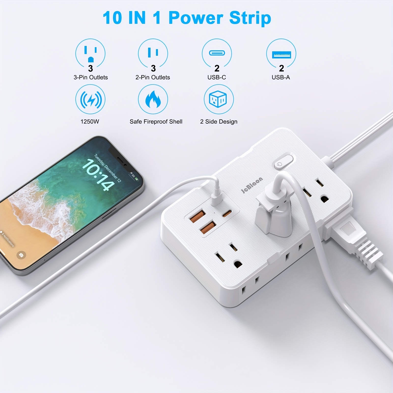 Protetor contra surtos plugue americano plano ultrafino com 6 tomadas amplamente 4 portas USB, cabo extensor de 5 pés, adaptador de faixa de energia para escritório doméstico