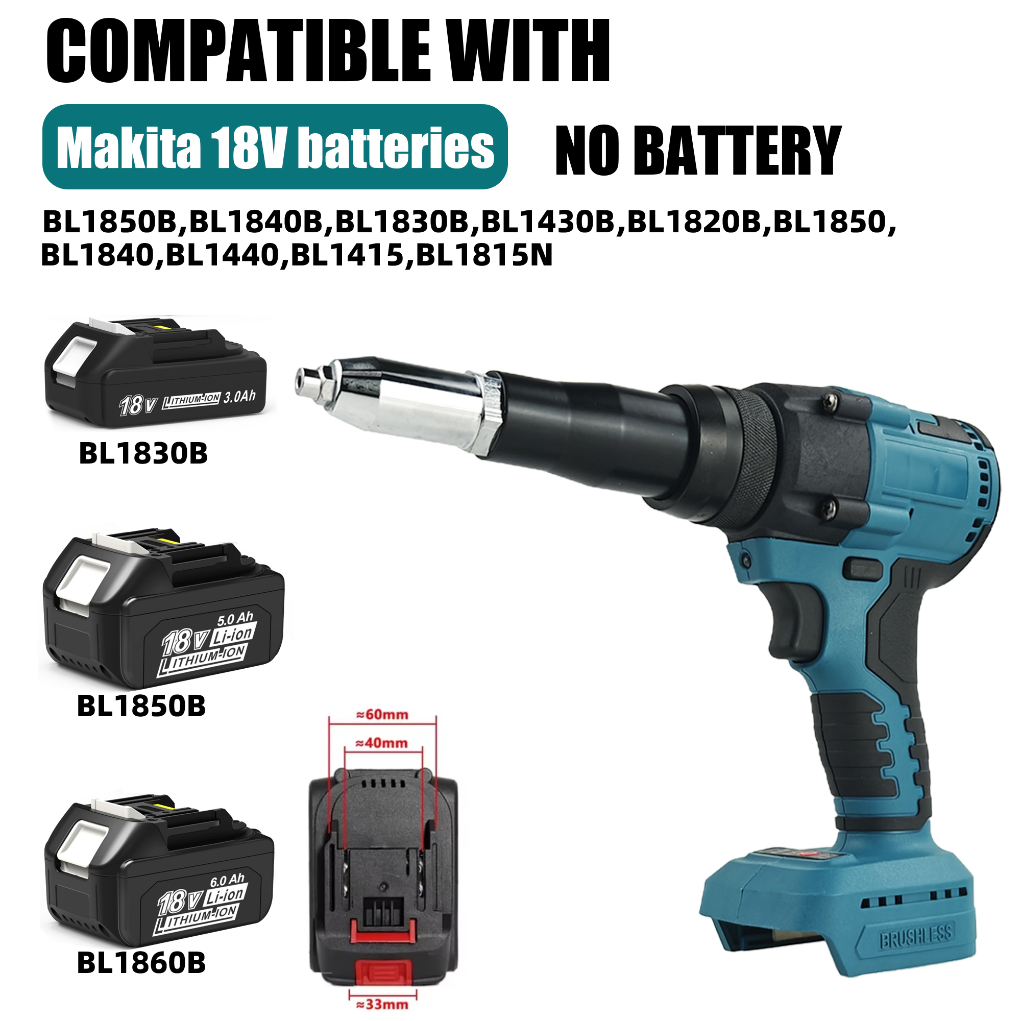 Pistolet à rivets électrique sans balais 2.4mm-4.8mm, outil manuel à rivets automatique avec lumière LED (piles non incluses)