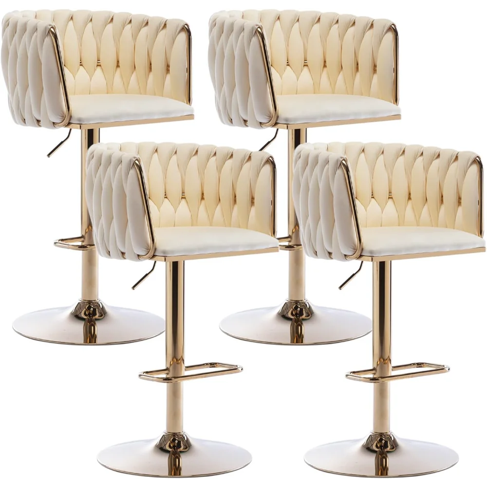 Velvet Swivel Bar Stools Set of 4, Adjustable Counter Height Bar Chairs with Woven Back&Footrest, Bar Stools for Kitchen Island