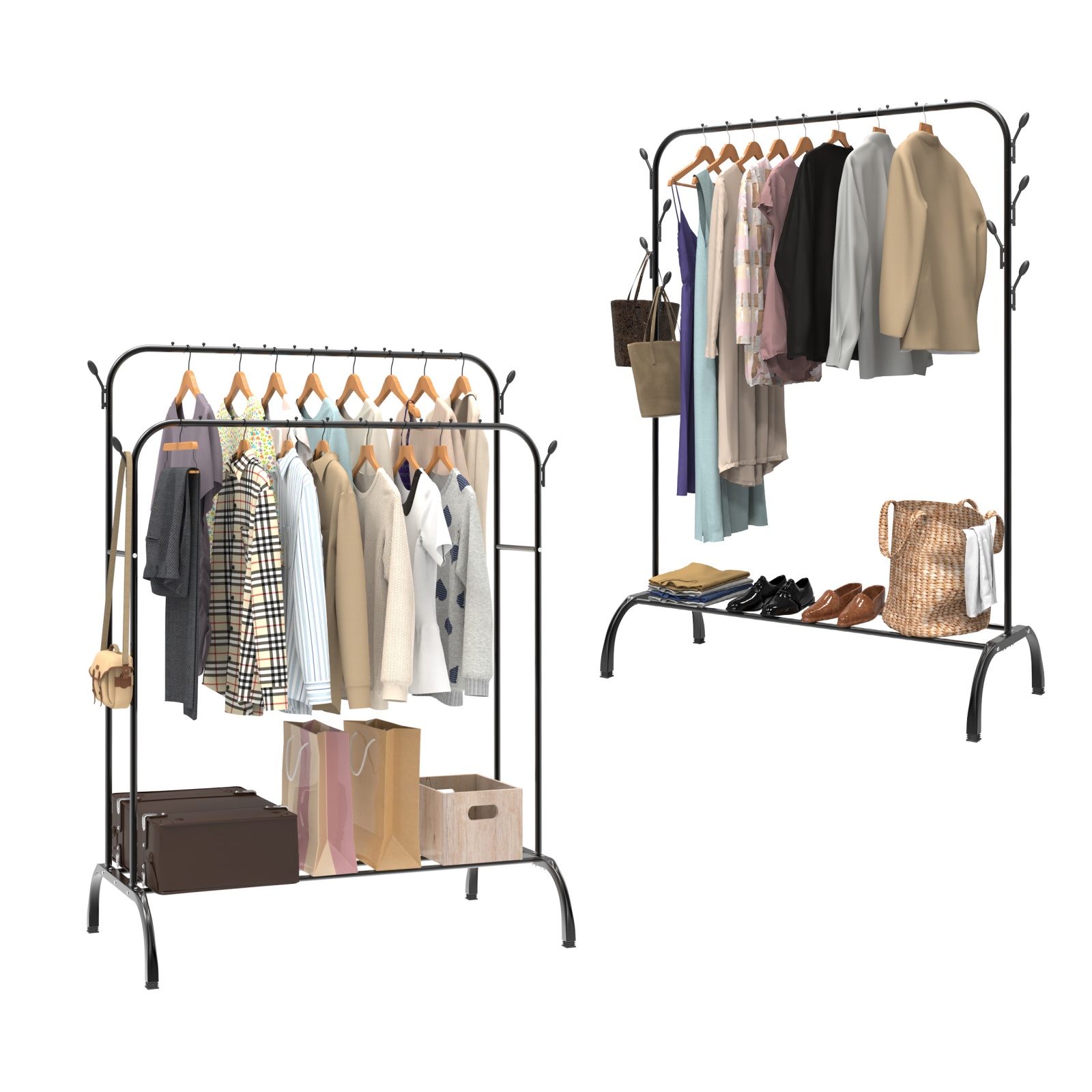 Metal Clothes Rail Coat Stand Clothes Rail for Bedroom Freestanding Garment Rack Hanger With 8 Side Hooks for Bedroom Office