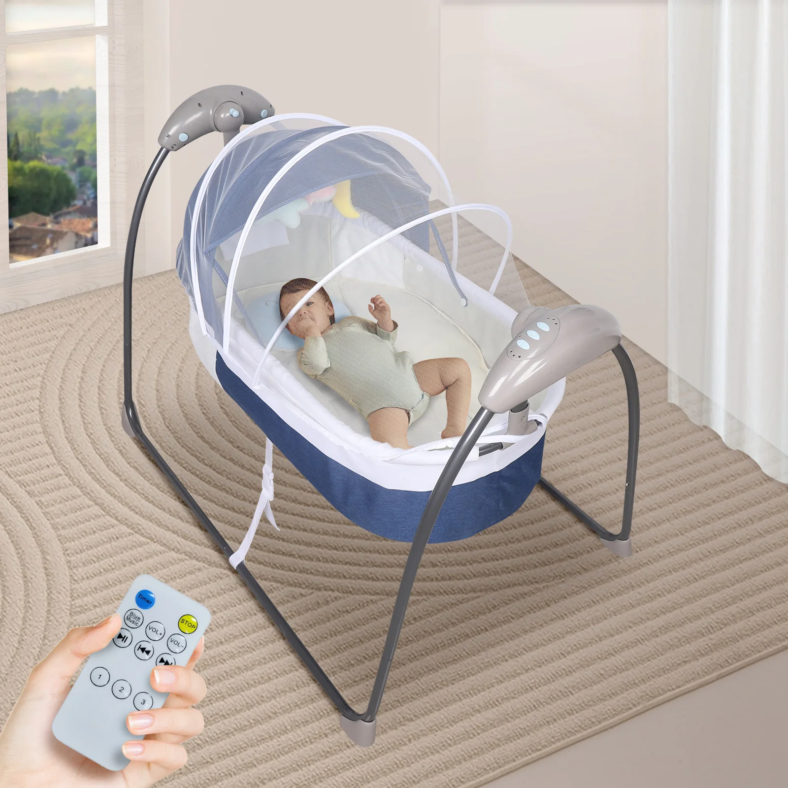 Letto agitatore elettrico per bambini, pieghevole, portatile, con culla libera, sedia a dondolo remota, tenda oscurante, cavo USB da 0 a 12 mesi