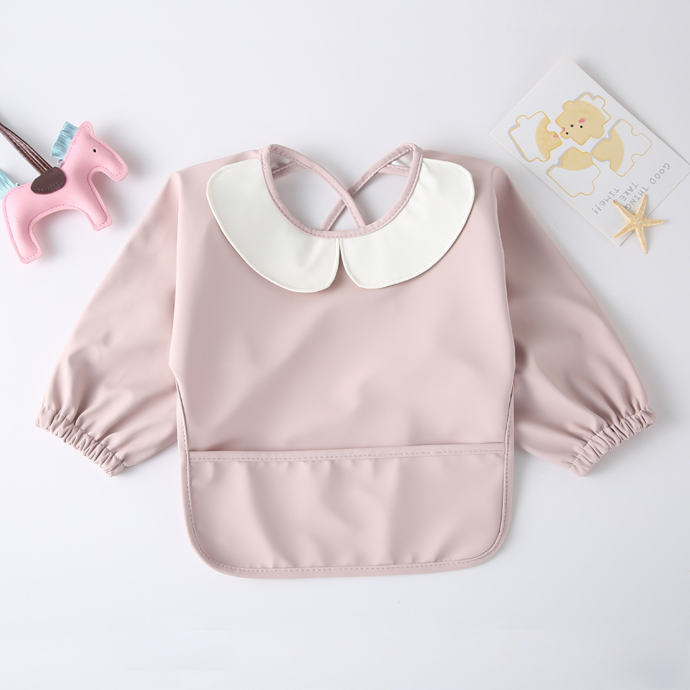 簡単にきれいな PU フルスリーブよだれかけベビーキッズ無地ソフトフェイクレザー子供エプロン絵画食事保護防水スモック