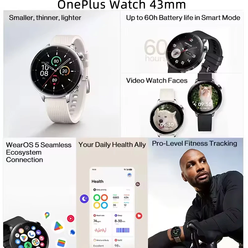 Globalna wersja OnePlus Watch 3 Smart Watch 1,5-calowy wyświetlacz AMOLED 32 GB pamięci Snapdragon W5 Wear OS firmy Google IP68