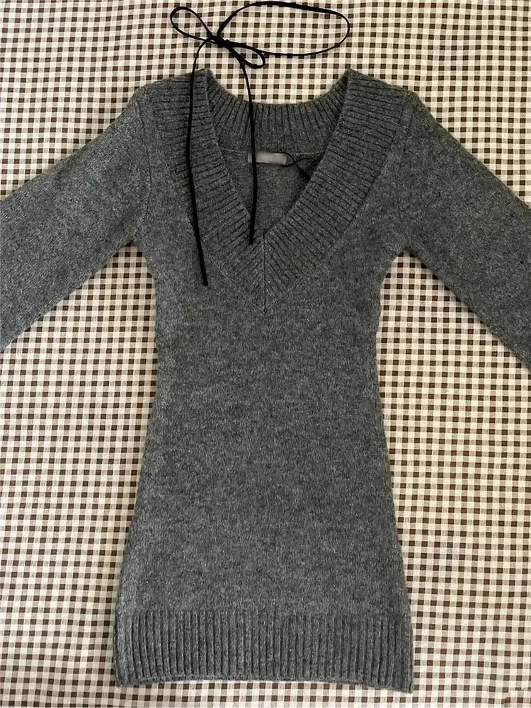 Outono inverno mulher gyaru coquette com decote em v francês vintage camisola manga longa pullovers malhas 2000s estética dinheiro velho grosso
