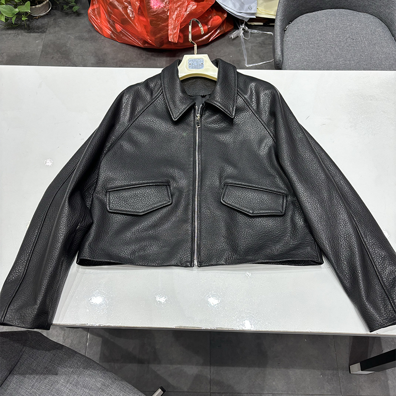 2025 Lente damesjas van zwart echt leer van echt schapenvacht