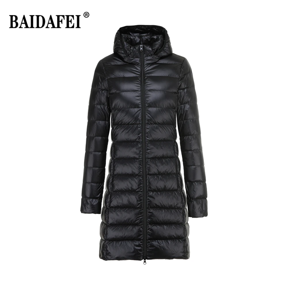 Damen bekleidung Frühling Winter leichte packbare lange Daunen jacken neue Kapuze abnehmbare weibliche tragbare flauschige Winter Puffer Mantel