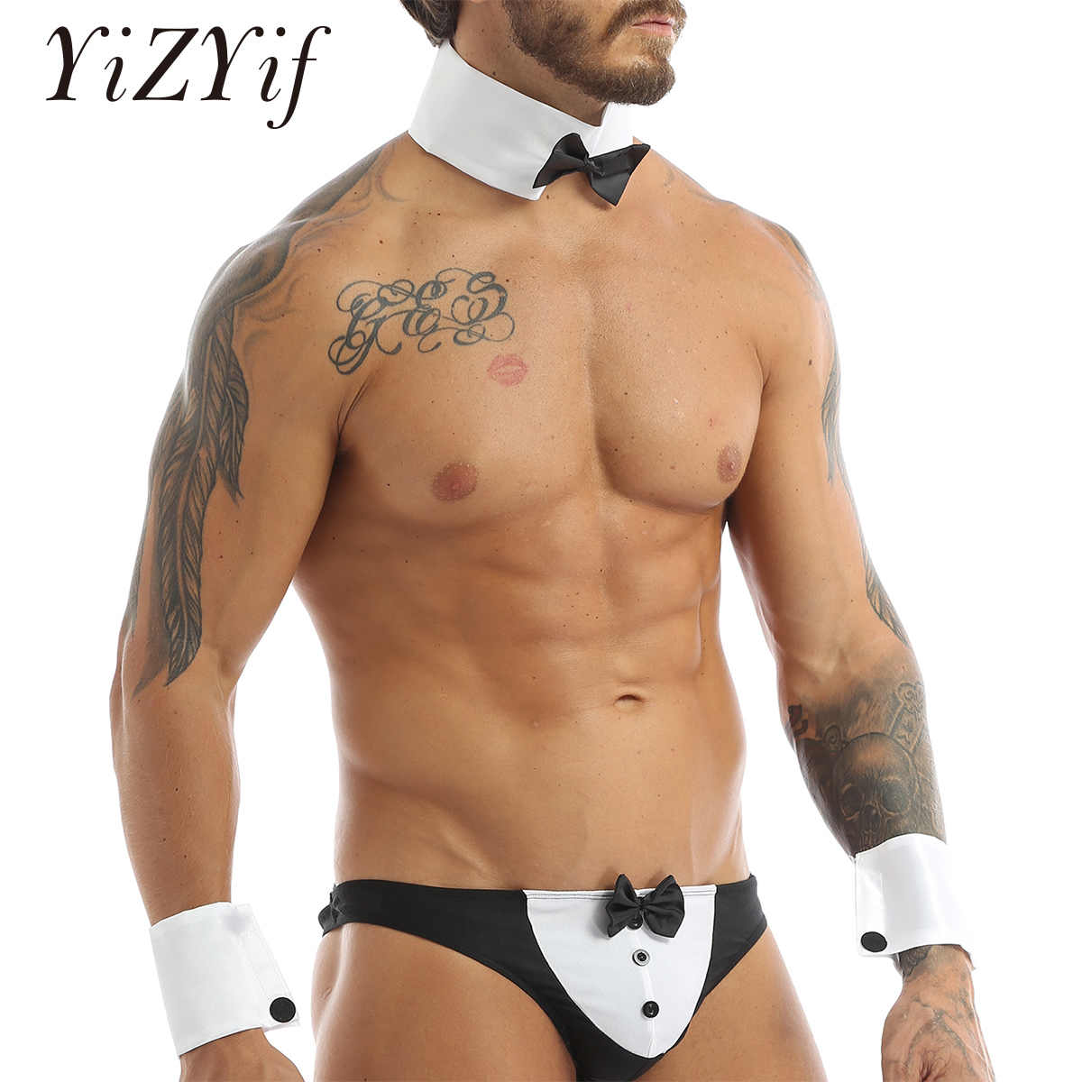 Conjunto de lencería de camarero para hombre, traje de mucama francesa, Tanga con lazo triangular, ropa interior con puños de cuello, ropa de discoteca