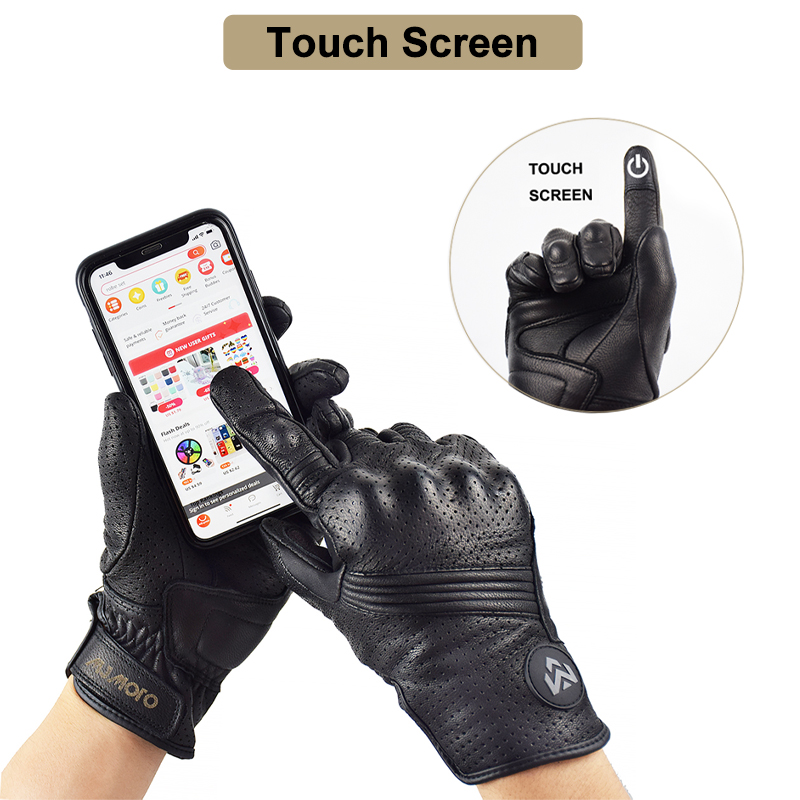 Retro Leder Schwarz Motorrad Handschuhe Männer Sommer Perforierte Atmungsaktive Motocross Handschuhe Touchscreen Moto Racing Ausrüstung Handschuh