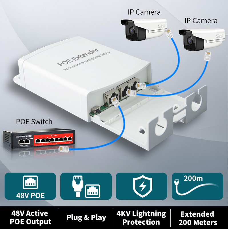 Extensor POE STEAMEMO de 1/2/4 puertos, repetidor POE resistente al agua de 100Mbps, estándar IEEE802.3AF/AT para cámara POE, interruptor POE inverso