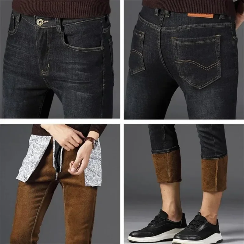 Otoño Invierno pantalones vaqueros cálidos de lana para hombres pantalones largos de negocios de moda pantalones vaqueros clásicos Retro pantalones vaqueros ajustados elásticos casuales
