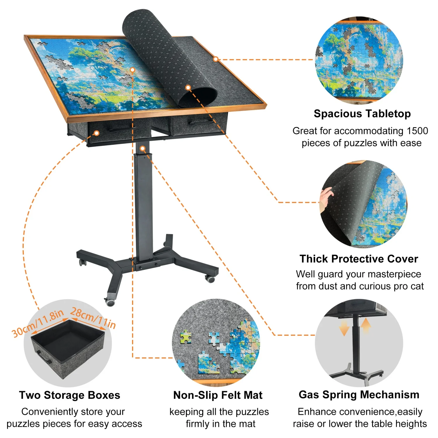 Rolling 1500 Pieces Jigsaw Puzzle Table with Drawers Angle & Height Adjustable for Adults Tilting Portable Puzzle Board Table