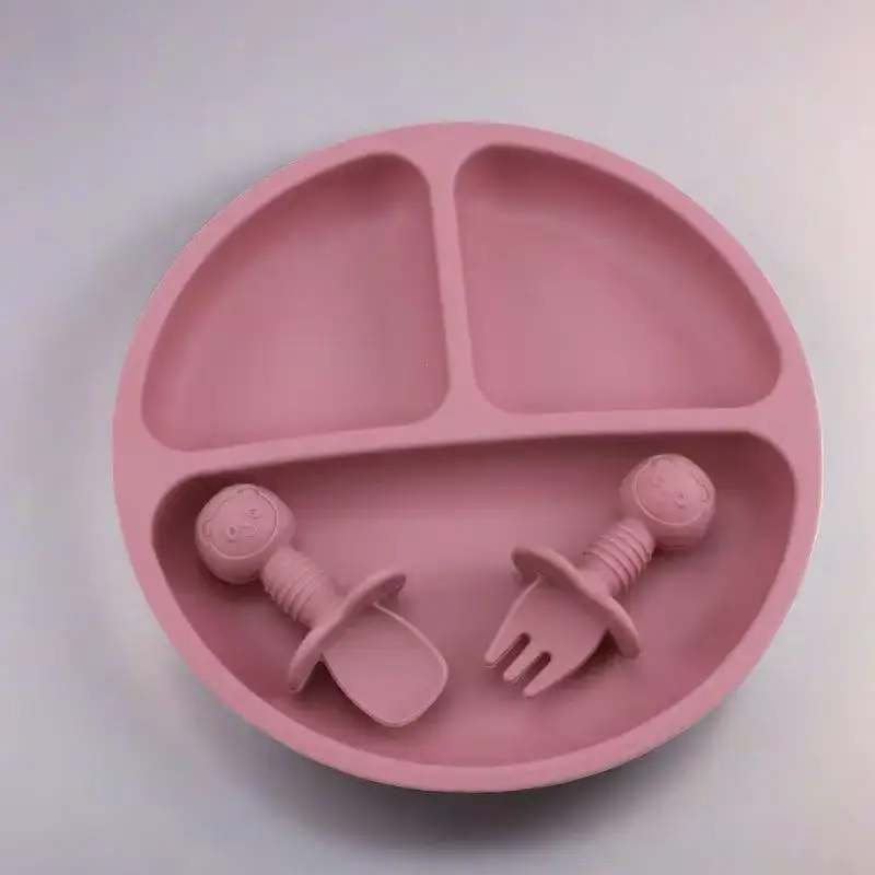 Ensemble d'alimentation en Silicone, 3 assiettes à ventouse ours de dessin animé avec cuillères et fourchettes, adaptées aux vaisselle sans BPA pour enfants de moins de 6 ans