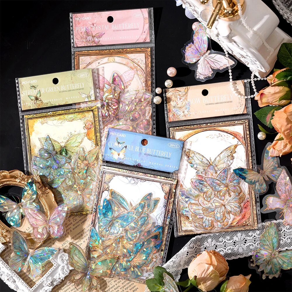 5 styles 20 pièces/paquet INS papillon PET autocollant Pack glace cristal Laser or bricolage manuel décoration 3D Scrapbook