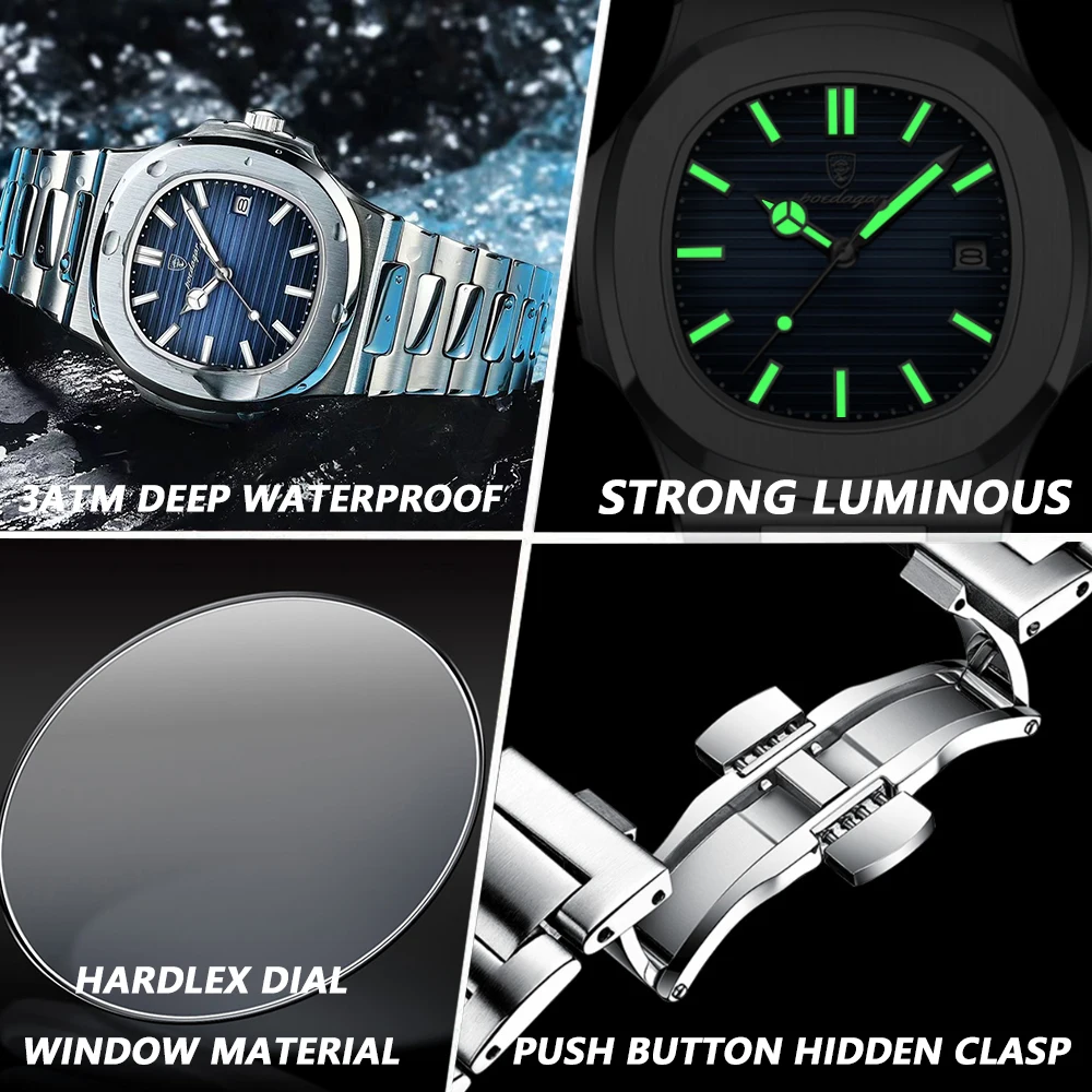 Reloj POEDAGAR clásico azul, reloj de negocios resistente al agua para hombre, reloj luminoso con fecha de acero inoxidable, reloj cuadrado de cuarzo para hombre, reloj para hombre