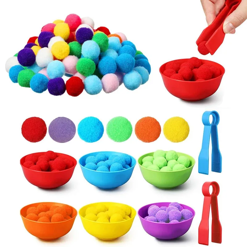 Children Counting and Sorting Toys  Pom poms Rainbow Colors Plastic Bowls Tweezers Fine Motor Skill Chidlren Learning Toys