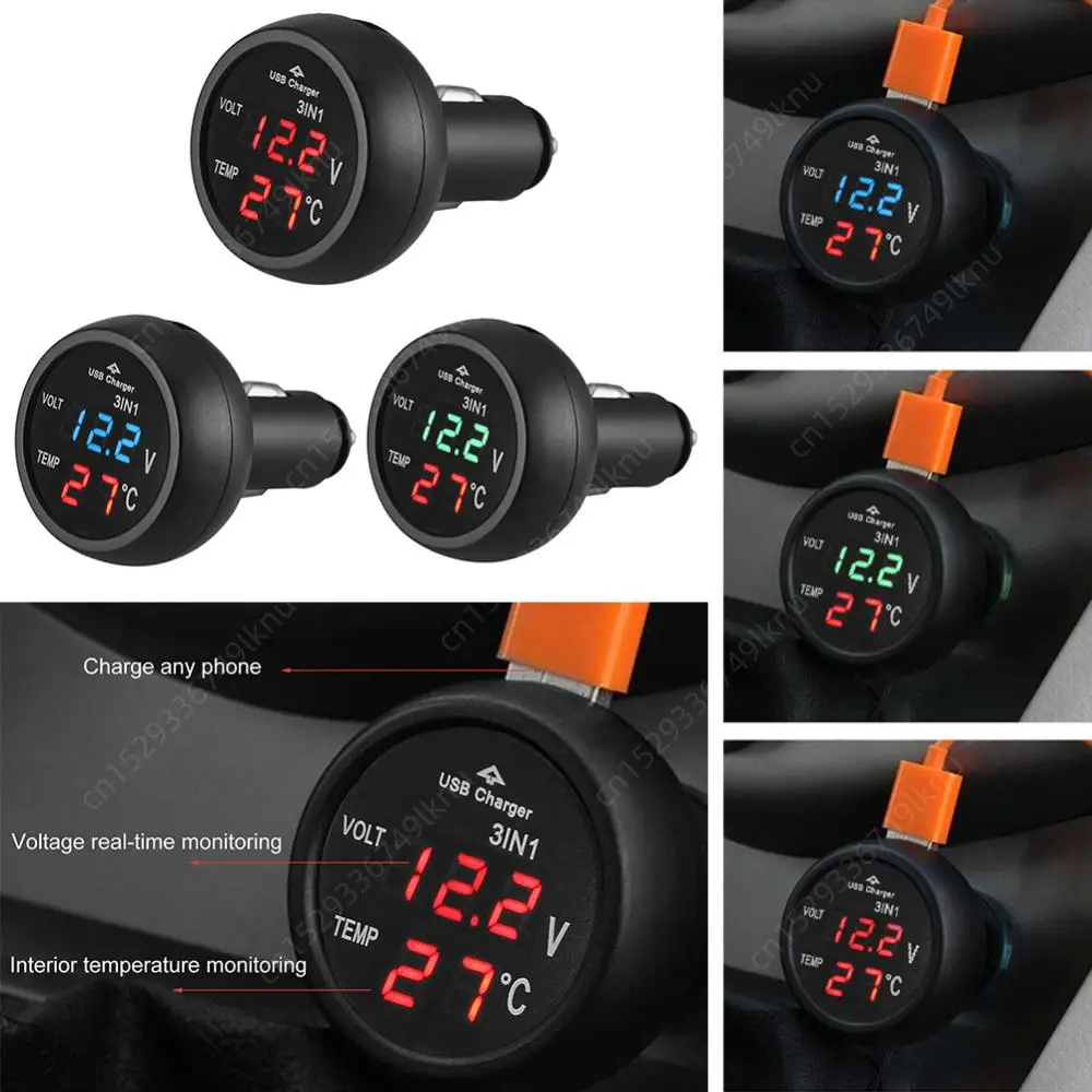 Auto ladegerät 3 in1 12/24V Voltmeter Thermometer USB-Ladesc halter Auto LED Digital Monitor Anzeige Strom messer Volt Detektor