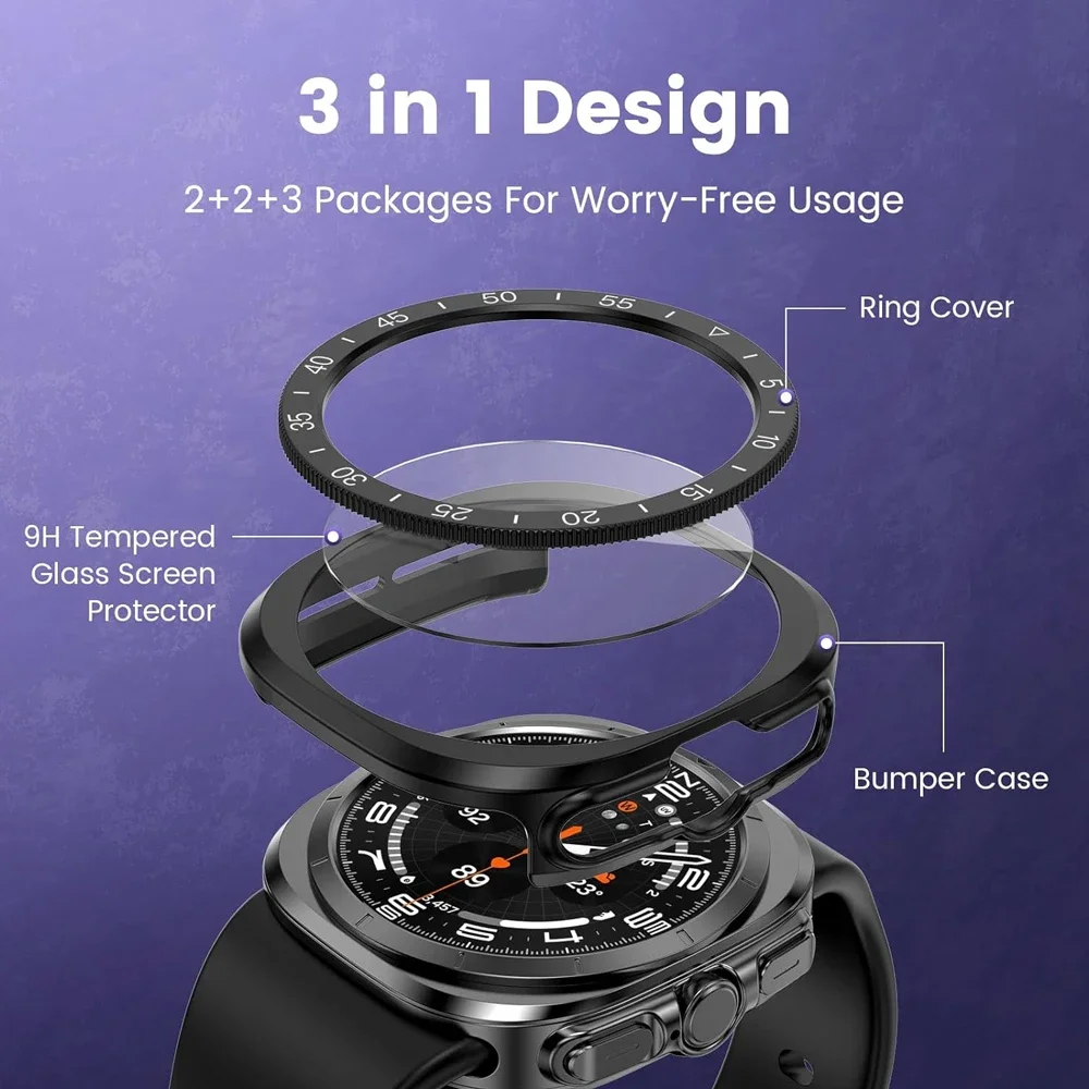 3 in1 for Samsung Galaxy Watch 7 Ultra 47mm Tempered Glass Screen Protector Hard PC Case Bezel Ring Cover for Galaxy Watch Ultra