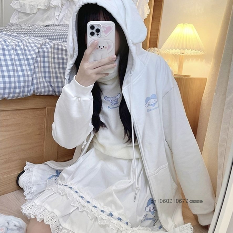 SANRIO Kuromi Cinnamoroll เสื้อมีฮู้ดปอมปอมพูรินสไตล์ญี่ปุ่นเสื้อโค้ทลำลองทรงหลวมแฟชั่นผู้หญิง Y2k น่ารักเด็กผู้หญิง