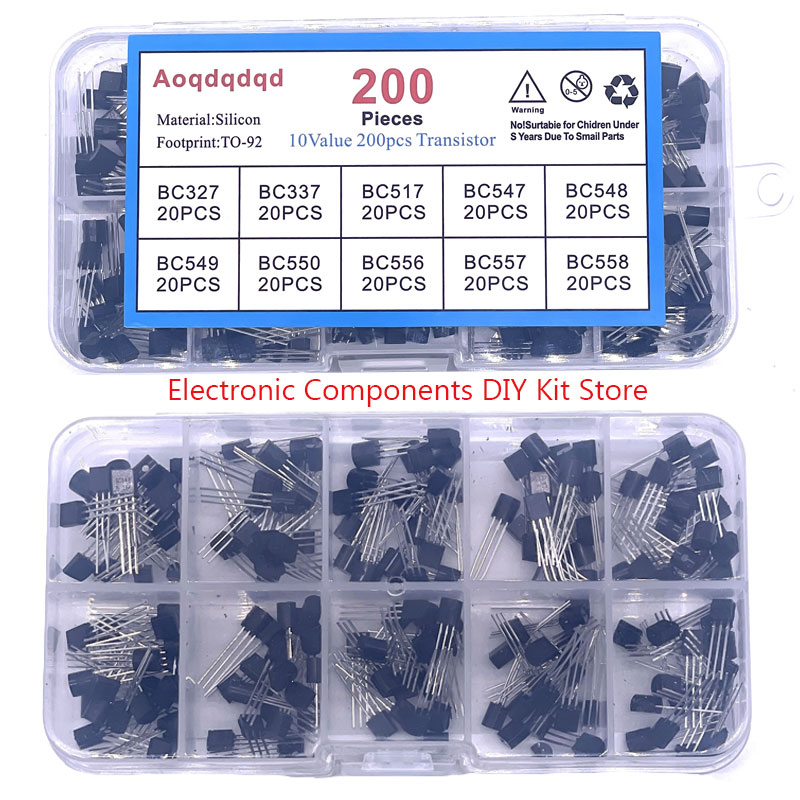 Conjunto de transistores da série 200 peças para-92, 20 peças de cada uma de 10 tamanhos bc327 bc337 bc517 bc547 bc548 bc549 bc550 bc556 bc557 bc558
