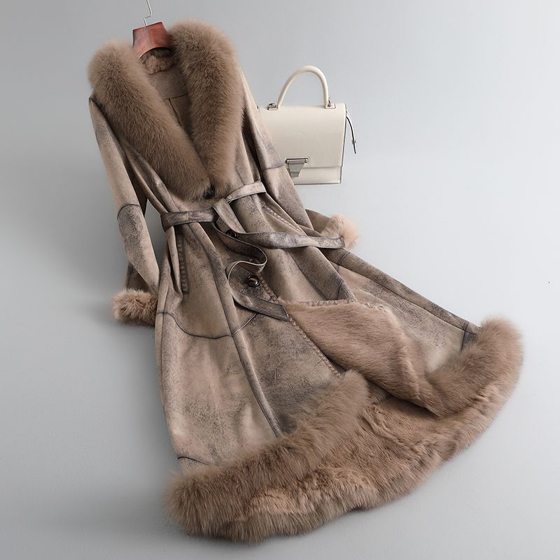 女性のためのウサギの毛皮の統合コート,ロング,本革,キツネの毛皮の襟,スリムフィット,冬,新しい,2023