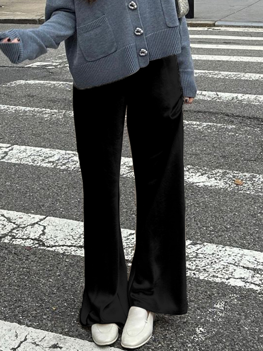 Chic Satin Wide Leg Dress Pants Women's Stylish Elastic Waist Loose Fit Long Trousers for Streetwear Work Solid Color