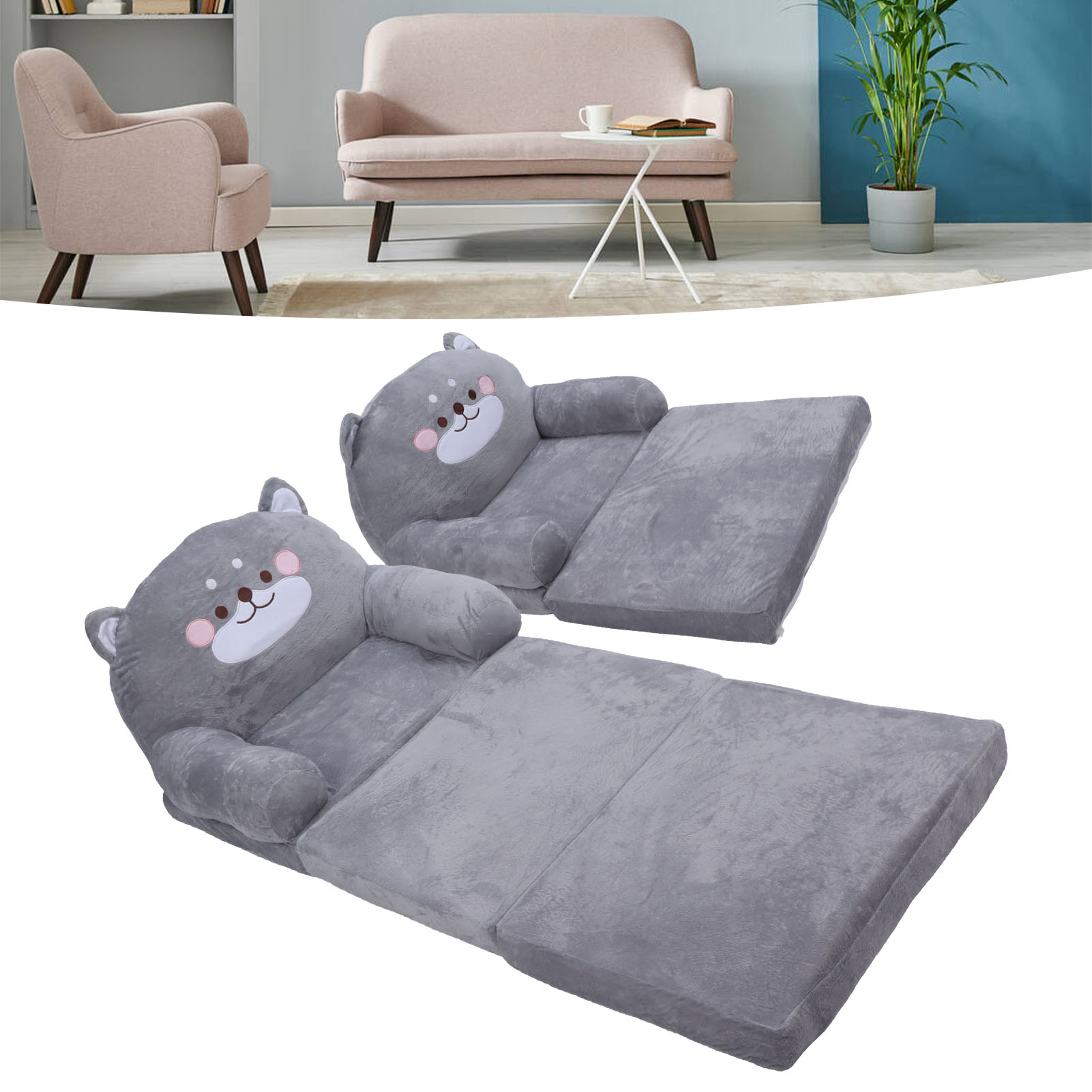 Canapé pliable pour enfants, Design de dessin animé, doux et respirant, chaise pour tout-petits, dossier Stable, chien gris, poignée large pour dormir