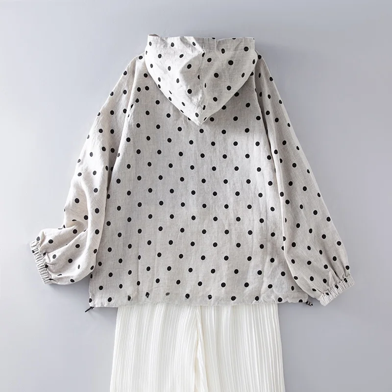 Jaet solto de algodão e linho com estampa de bolinhas com capuz e zíper primavera verão feminino ort outerwear confortável respirável