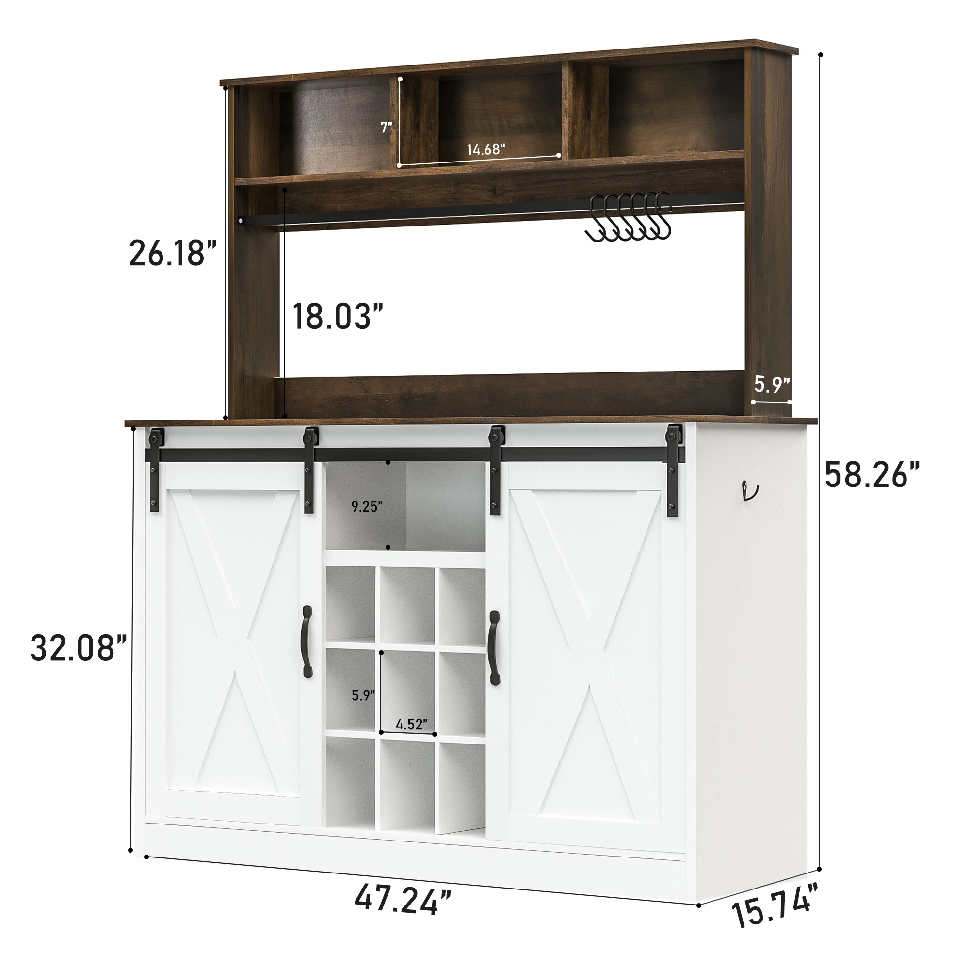 LED Coffee Bar Cabinet w/Sliding Barn Door, 6FT Outlet,Adjustable Shelf, Liquor Cabinet Bar w/9PCS Bottles Storage, 6PCS Hook