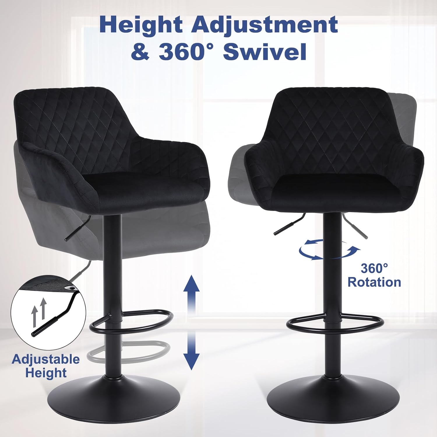 Bar Stools Set of 2, Height Adjustable Velvet Fabric Swivel Barstool Bar Chairs, Breakfast Dining Stools With Backrest