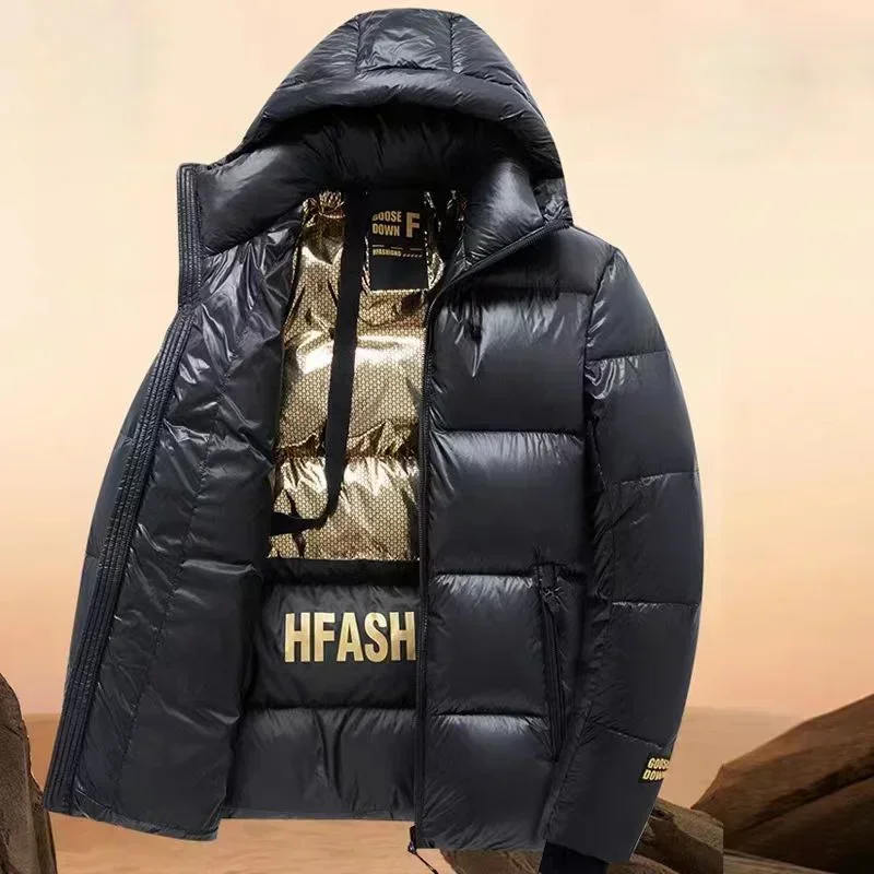 Chaqueta de plumón de invierno para hombre, abrigo informal cómodo a prueba de viento, impermeable, con capucha de plumas de ganso, ropa de marca con estampado de letras a la moda para hombre
